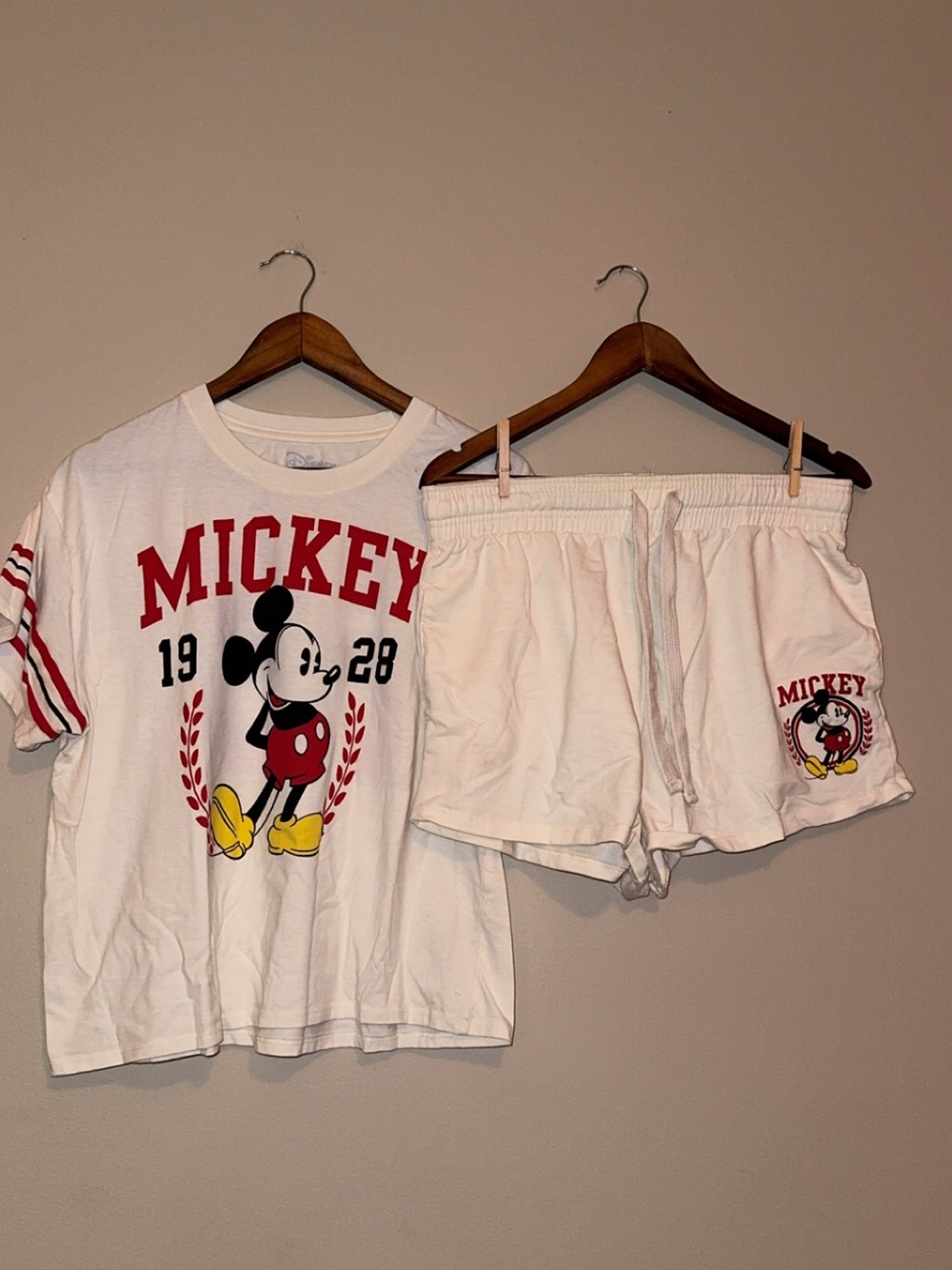 Disney White Mickey Mouse Pajama Set with Red and Yellow Accents